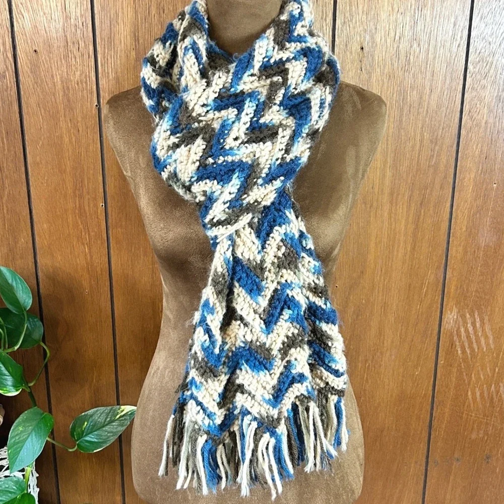 Handmade Crochet Chevron Scarf Blue Brown‎ Cream Zigzag Fringe Winter Wrap